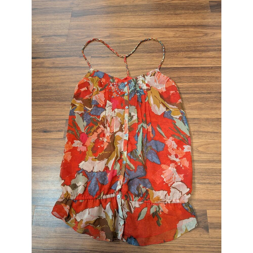 Y2K Abercrombie & Fitch Floral Beaded Tank Top Size Small Red Boho Sheer Flowy